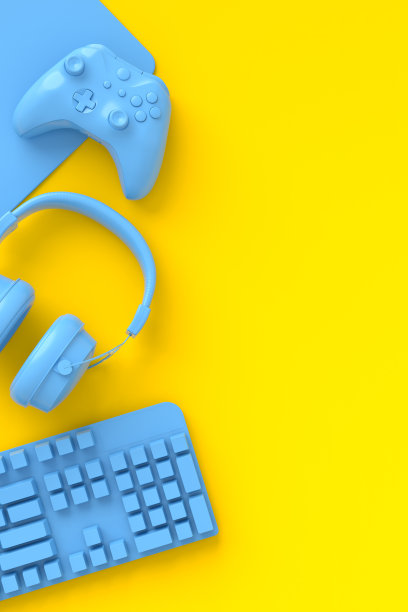 俯视图玩家的工作空间和齿轮，如鼠标，键盘，操纵杆，耳机图片下载