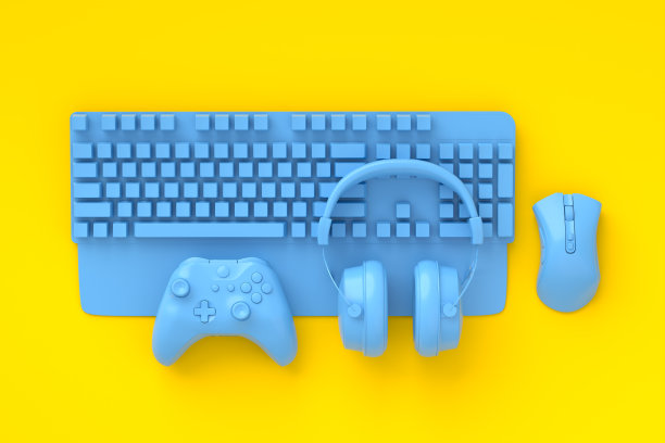 俯视图玩家的工作空间和齿轮，如鼠标，键盘，操纵杆，耳机图片下载