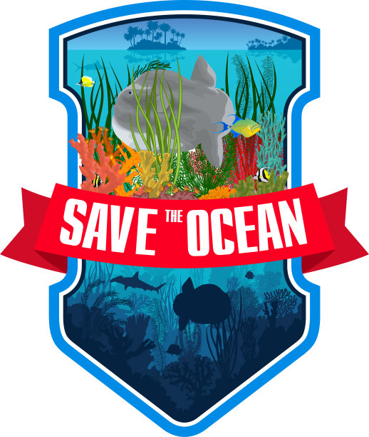 向量标志与海洋太阳鱼，珊瑚礁和五颜六色的热带鱼类图片下载