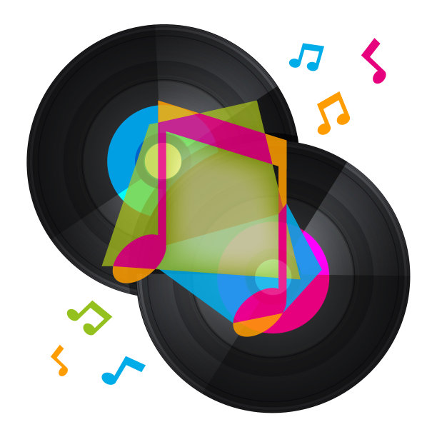 黑胶唱片与音乐图标在孤立的白色背景。图片下载