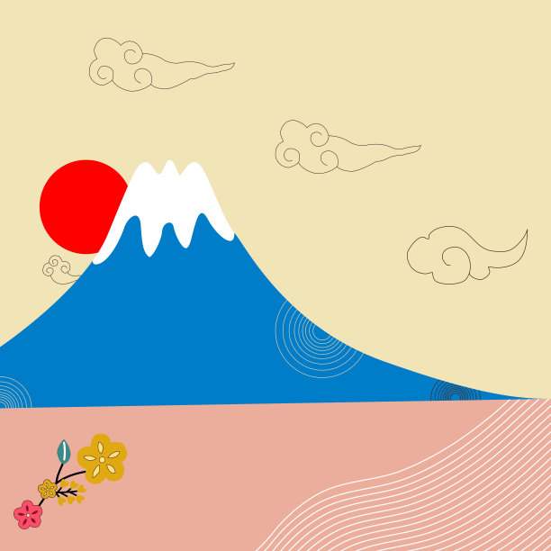 红日富士山。矢量平面图标插图。日本的风格图片下载