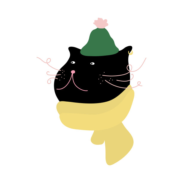 穿着羊毛围巾和帽子的猫。孤立在白色背景。为标签，卡片，海报，环保袋和服装的概念。图片下载