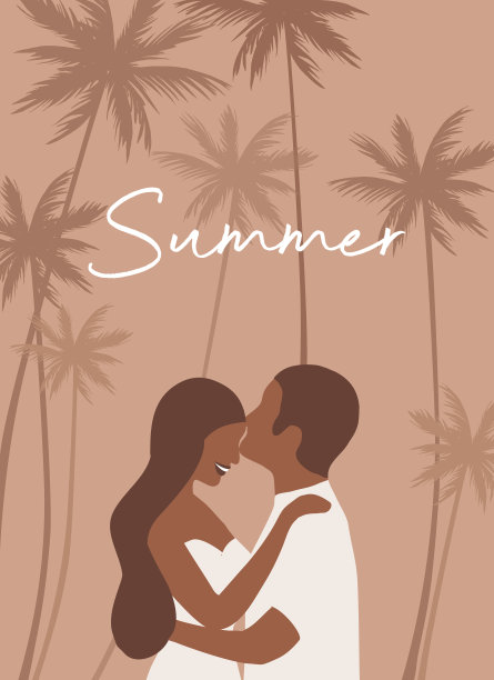 爱的夫妇接吻和拥抱在沙滩上的夏天背景矢量插图图片下载