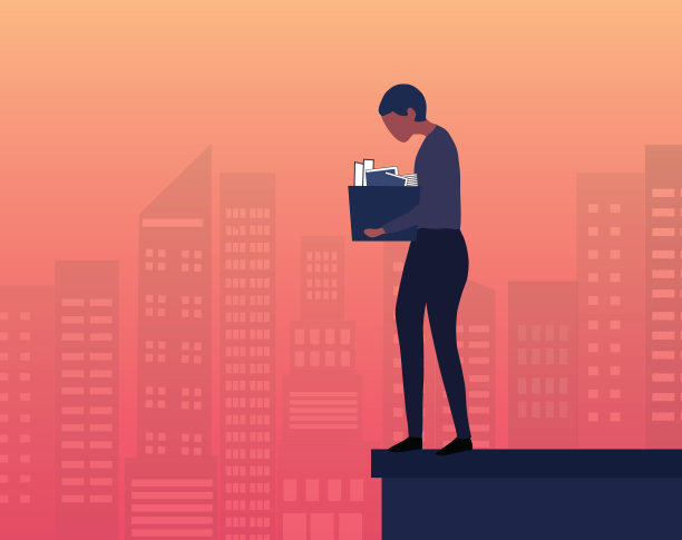 被解雇的沮丧的商人拿着一个盒子。他被解雇了。失业，经济危机，经济低迷，失业，下岗的概念后，covid-19大流行媒介爆发说明图片下载