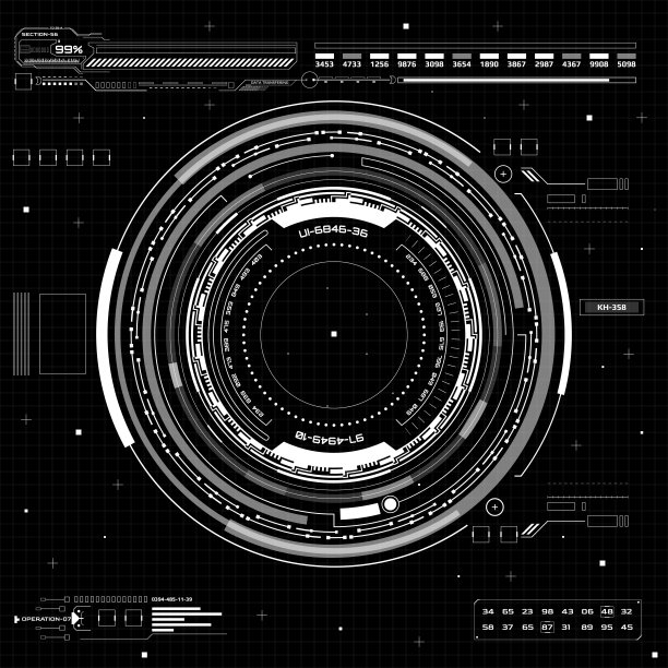HUD矢量科幻未来界面圆形仪表板元素系统矢量。驾驶座舱游戏，十字准星安全数据保护插图信息图表背景。图片下载