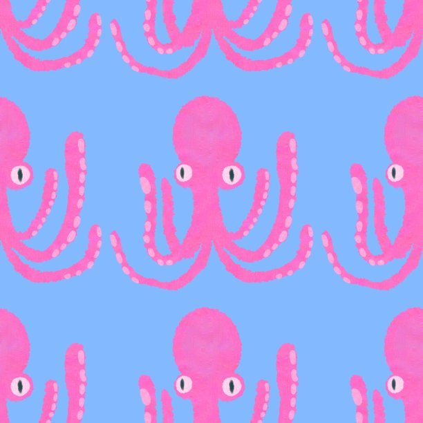 无缝蓝色图案与粉红色乌贼。用水彩画的可爱章鱼。图片下载