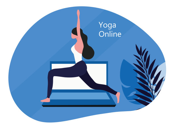 瑜伽在线课程概念，女人做瑜伽练习在家里与在线课程讲师矢量插图。健康生活方式的概念图片下载