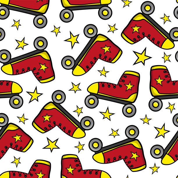 美丽的卡通红色旱冰鞋和黄色星星孤立在白色的背景。幼稚可爱的无缝图案。矢量平面图形手绘插图。纹理。图片下载