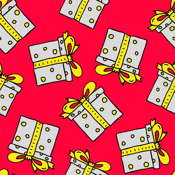 色彩鲜艳的礼盒与蝴蝶结孤立在红色背景。可爱的节日无缝图案。矢量平面图形手绘插图。纹理。图片下载