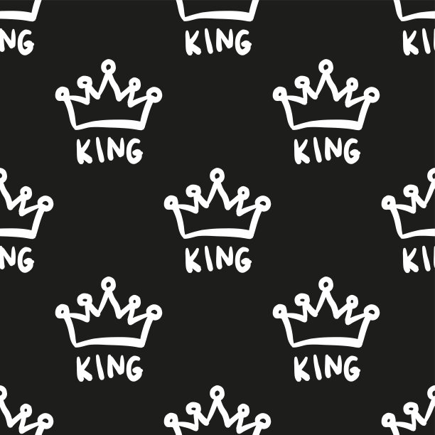白色王冠和文本王孤立在黑色背景。单色无缝模式。轮廓草图。矢量平面图形手绘插图。纹理。图片下载
