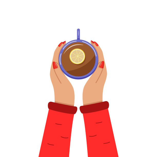 女人手握一杯柠檬热茶。前视图。矢量图图片下载