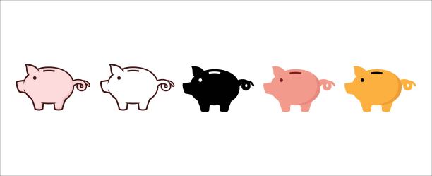 储蓄罐图标集。可爱的猪形储蓄罐和它的下落硬币。象征着储蓄或储蓄。卷尾婴儿猪钱箱矢量图标插图。图片下载