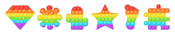 一套各种形式的流行彩虹烦躁玩具。令人上瘾的抗压力玩具在明亮的颜色。泡泡感官流行的儿童popit。矢量插图孤立在一个白色的背景。图片下载