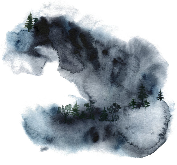冬季森林和山脉的水彩极简卡片。手绘抽象冷杉树插图孤立在白色背景上。野生动物组成的设计，打印，织物或背景。图片下载