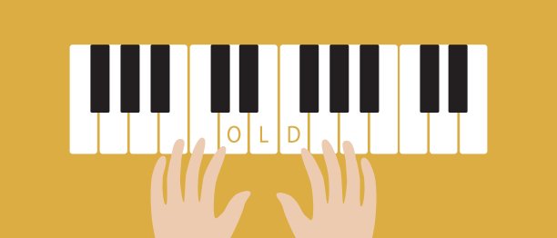 钢琴键的老手，老年人的爱好，平面矢量股票插图与老年音乐家的手作为音乐课的概念图片下载