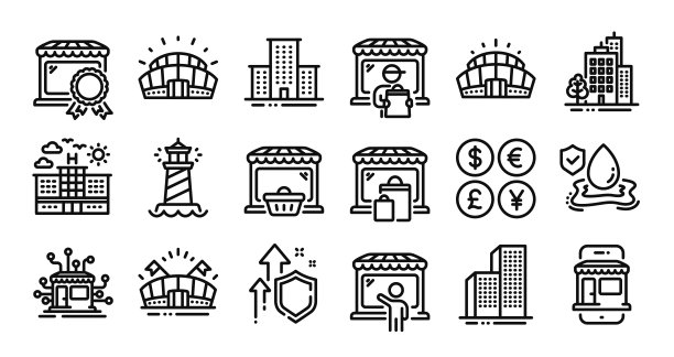 配送市场，建筑物和市场线图标设置。向量图片下载