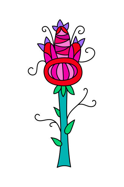 涂鸦粉红色和红色幻想花与刺和卷须。素描漫画风格的神奇植物盛开。装饰图形设计元素。童话自然版画。图片下载