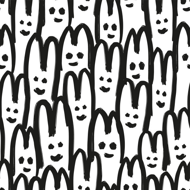 黑色轮廓墨水野兔孤立在白色背景上。可爱的单色无缝图案。矢量平面图形手绘插图。纹理。图片下载