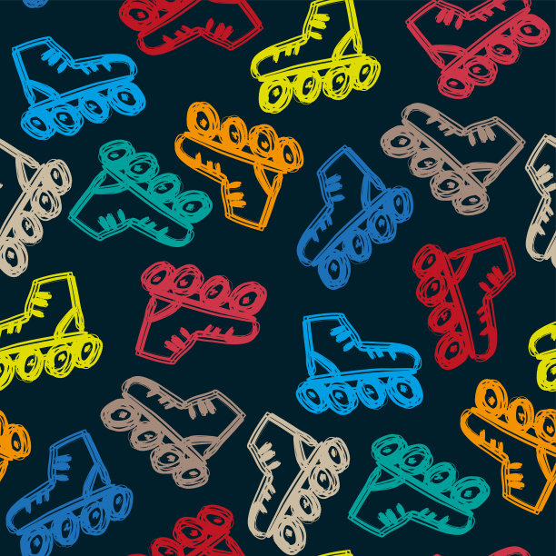 明亮多彩的多彩轮滑孤立在深蓝色的背景。可爱的无缝模式。侧视图。矢量平面图形手绘插图。纹理。图片下载