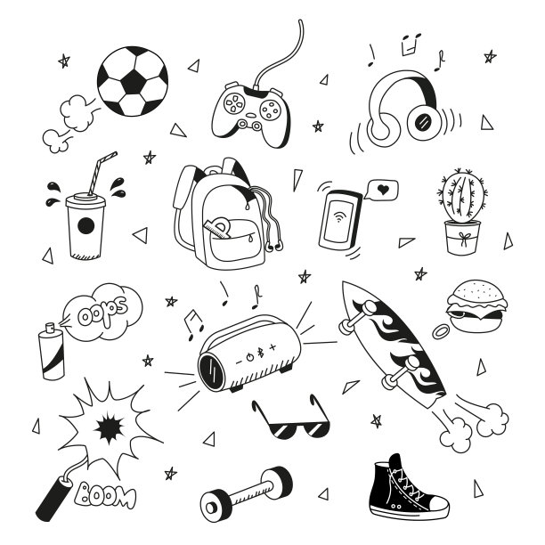 一组青少年生活方式的涂鸦元素。矢量图形。图片下载