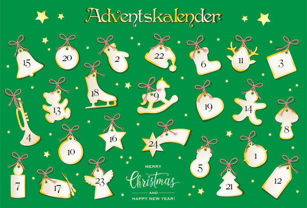 有24张圣诞主题卡片的降临历， 降临节的传统， 矢量插图孤立的绿色背景图片下载
