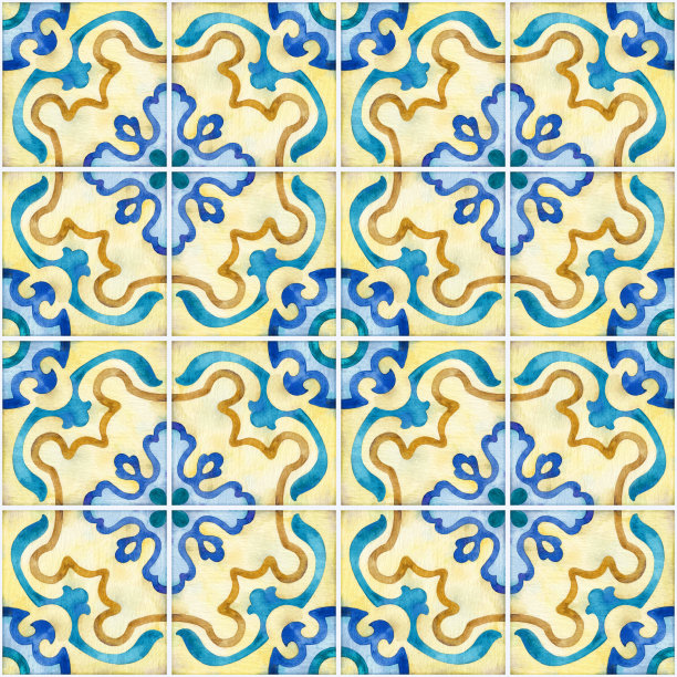 水彩无缝瓷砖图案。方形手绘装饰。图片下载