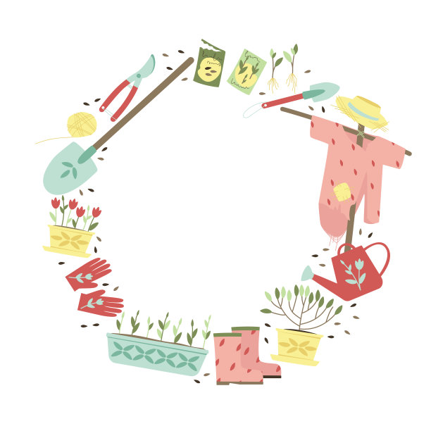 在白色背景上用花园工具做一个圆形的构图图片下载