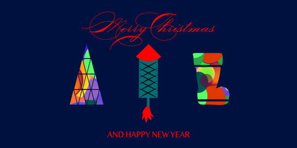 彩色圣诞元素的圣诞卡。装饰圣诞节装饰品与圣诞树，火箭，雪靴插图。新年的收藏。图片下载