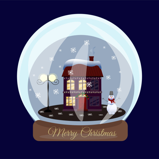 圣诞快乐雪球与小房子，雪人和街灯。降雪。矢量图图片下载