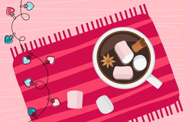 热巧克力，红餐巾上有棉花糖，发光灯在弦上有心形。情人节的浪漫背景或婚礼的爱情旗帜。俯视图平面矢量插图图片下载