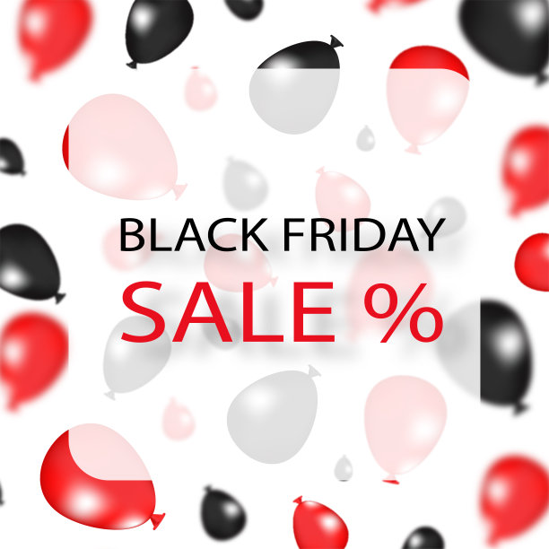 红色和黑色渐变模糊气球在白色背景。黑色星期五销售文本在白色框架和社会海报的概念。图片下载