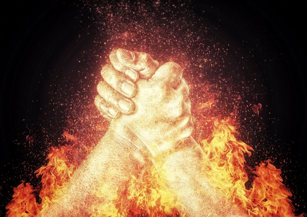 结合了火的效果和手的手势的3D插图图片下载