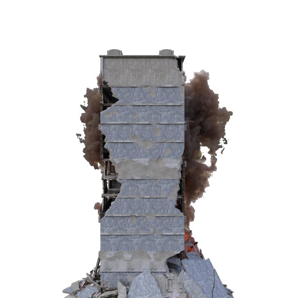 废墟建筑在火焰孤立在白色3d插图图片下载