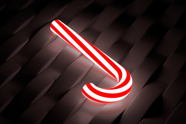 发光的圣诞手杖，黑色墙上有红色条纹的糖果。霓虹灯的效果。新年庆祝概念。传统的甜的甜点。三维渲染图片下载