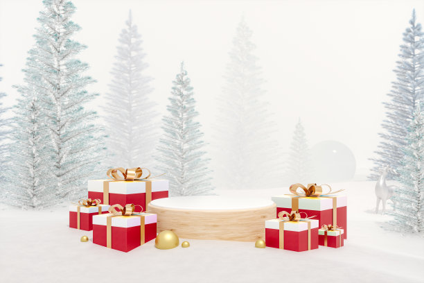 冬季圣诞节背景与产品的立场和礼品盒装饰。图片下载