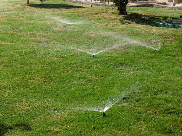 给草坪浇水。水滴落在绿色的草地和花坛湿润的土壤上。图片下载