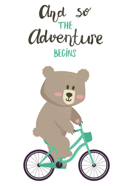 矢量插图卡通可爱的小熊男孩骑着自行车和字母于是冒险开始了。图片下载