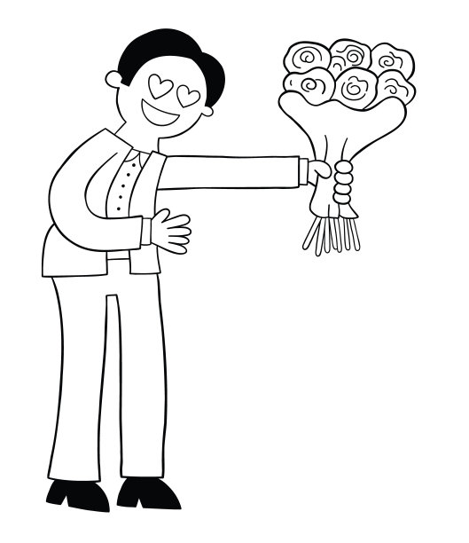 卡通男人在爱给予一束玫瑰，矢量插图图片下载