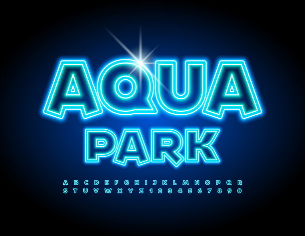 矢量霓虹灯水上公园。一套发光的字母和数字字母图片下载