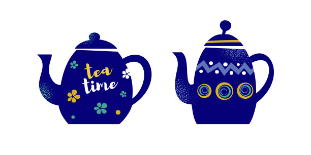 茶壶元素收藏。手绘茶壶矢量图标。茶壶孤立在白色背景上。设计元素。带装饰的蓝色水壶。图片下载