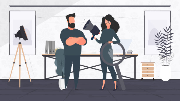 在寻找和雇佣工作人员方面的专家。那女孩在大声喊叫。强壮的男人。人力资源的概念。向量。图片下载