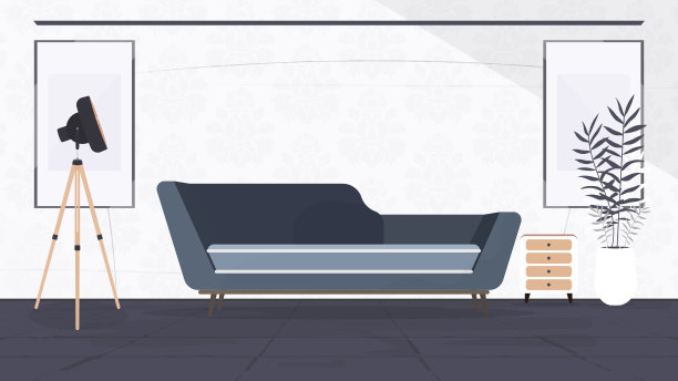 阁楼式的房间。明亮的房间。一个休息的地方。蓝色沙发，盆花，木柜，油画。向量。图片下载