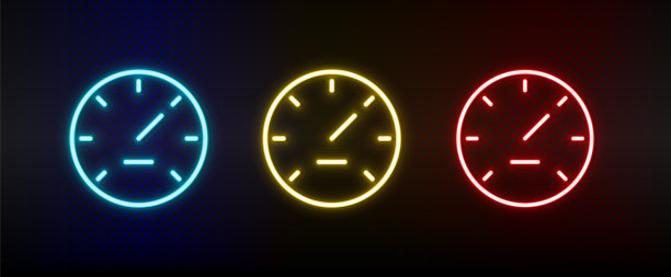 仪表，性能，速度霓虹灯图标设置。红色，蓝色，黄色氖气矢量图标图片下载