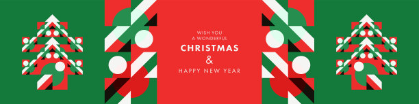 圣诞贺卡，横幅，海报，节日封面。现代几何圣诞节设计与风格的圣诞树图案的几何形状图片下载