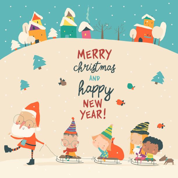 卡通圣诞老人骑孩子们的雪橇图片下载