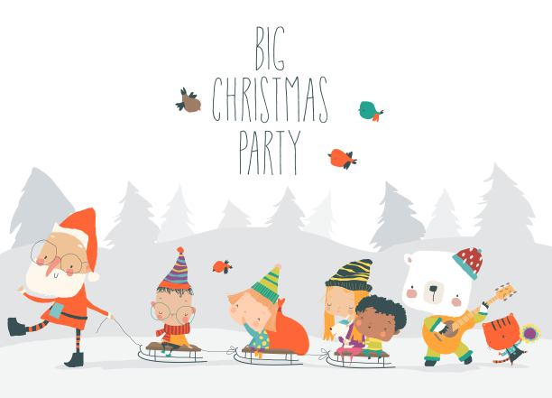 卡通圣诞老人与快乐的孩子和动物去参加大聚会图片下载