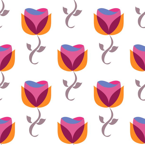 Fushcia，蓝色和橙色矢量重复花卉图案在白色上的灵感来自60年代的风格图片下载