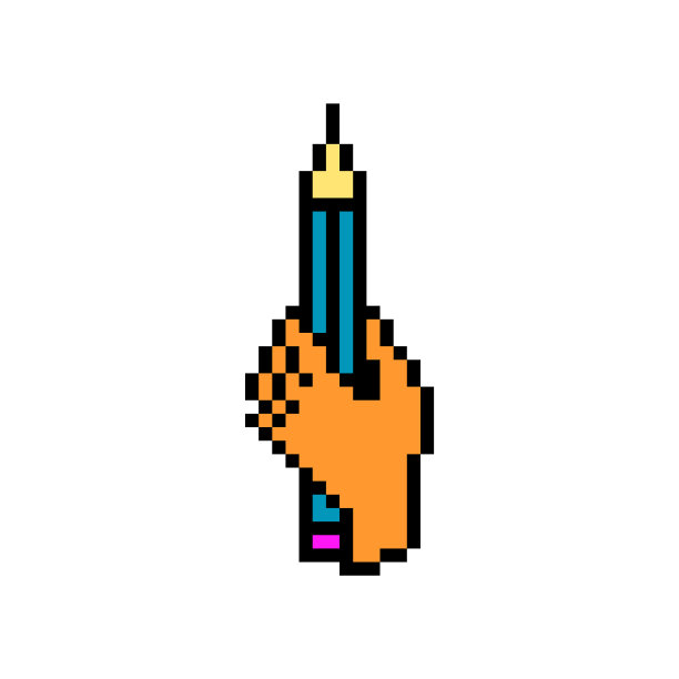 像素艺术铅笔在一个手符号孤立在白色背景。办公、学校用品图标。8位文具象形图。老学校复古80年代，90年代2d电脑，视频游戏，老虎机图形图片下载