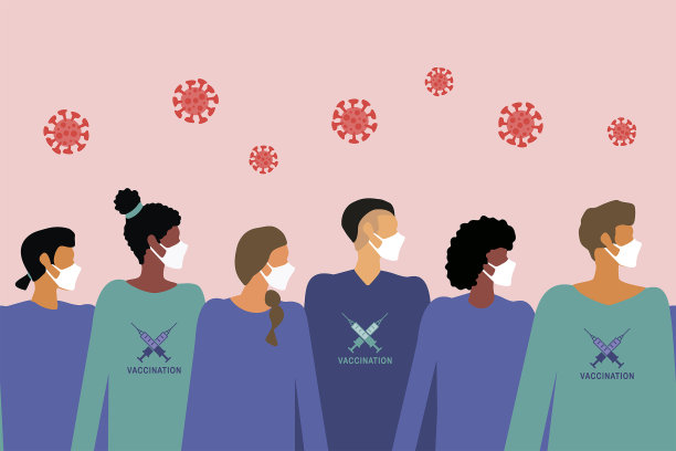 接种疫苗的活动。号召接种疫苗的海报。戴医用口罩的人。排队的人要求接种疫苗。流行时期的社会海报男人和女人都戴着面罩。社交媒体，博客，横幅。图片下载