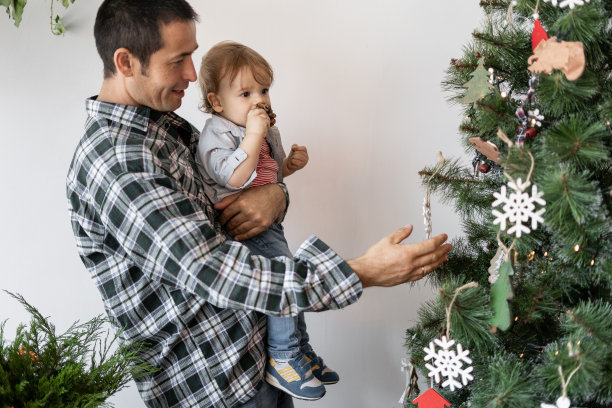 白人爸爸和小儿子用玩具装饰圣诞树。一个男人抱着一个孩子，站在一棵杉树旁过新年图片下载
